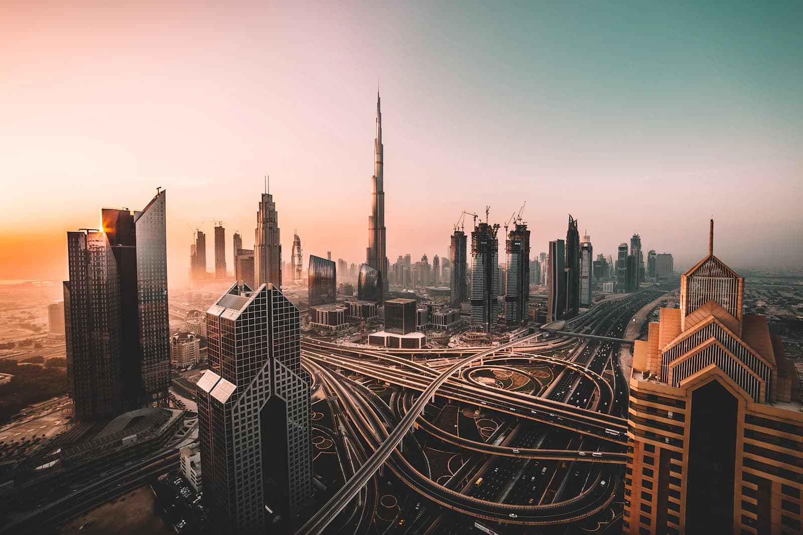Burj Khalifa and Dubai skyline at golden hour
